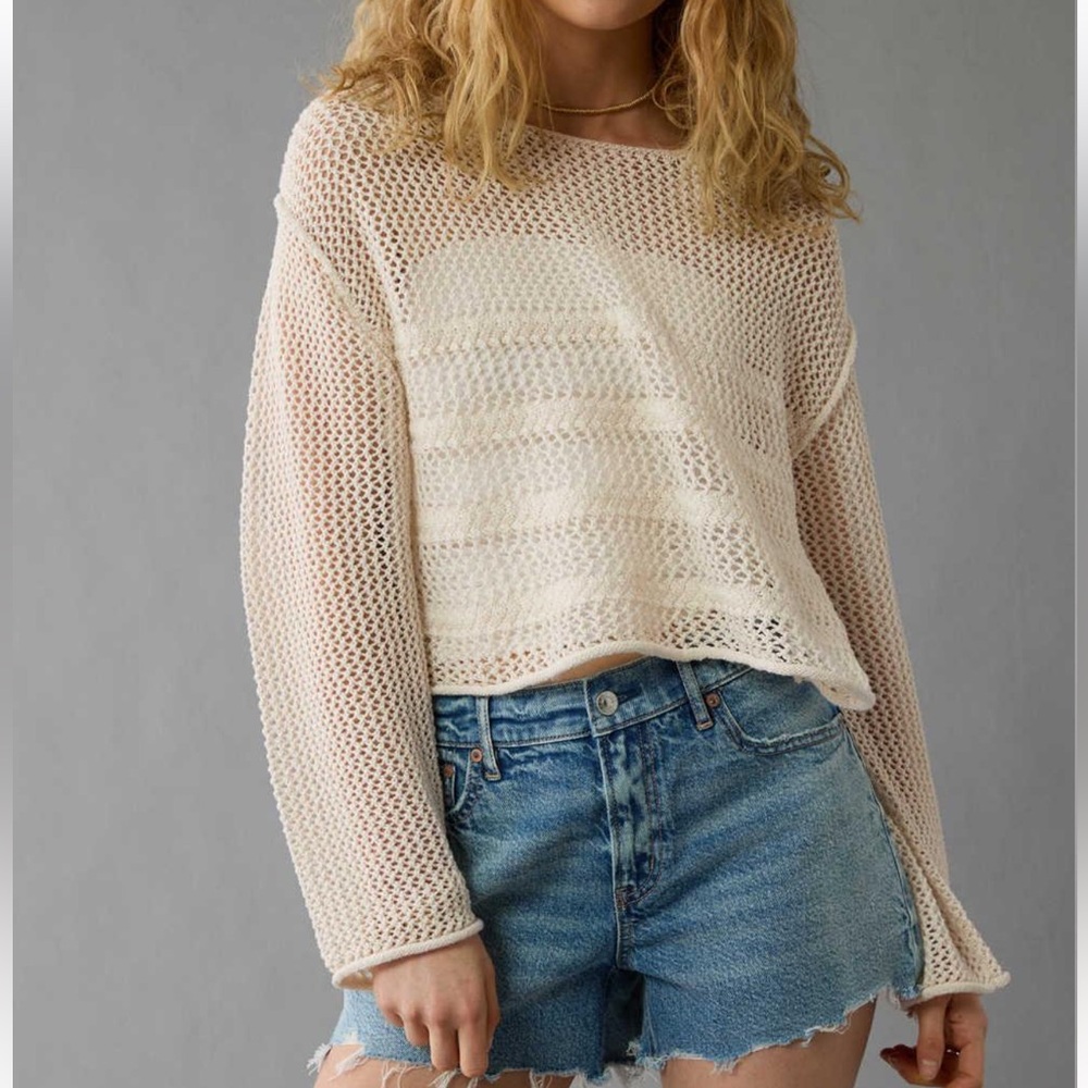 American Eagle Ivory off the shoulder crochet sweater